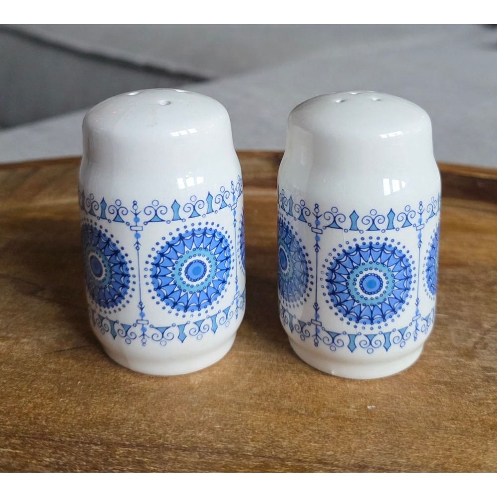 Vintage White Ceramic Blue Medallion Salt and Pepper Shakers Set Made in Spain